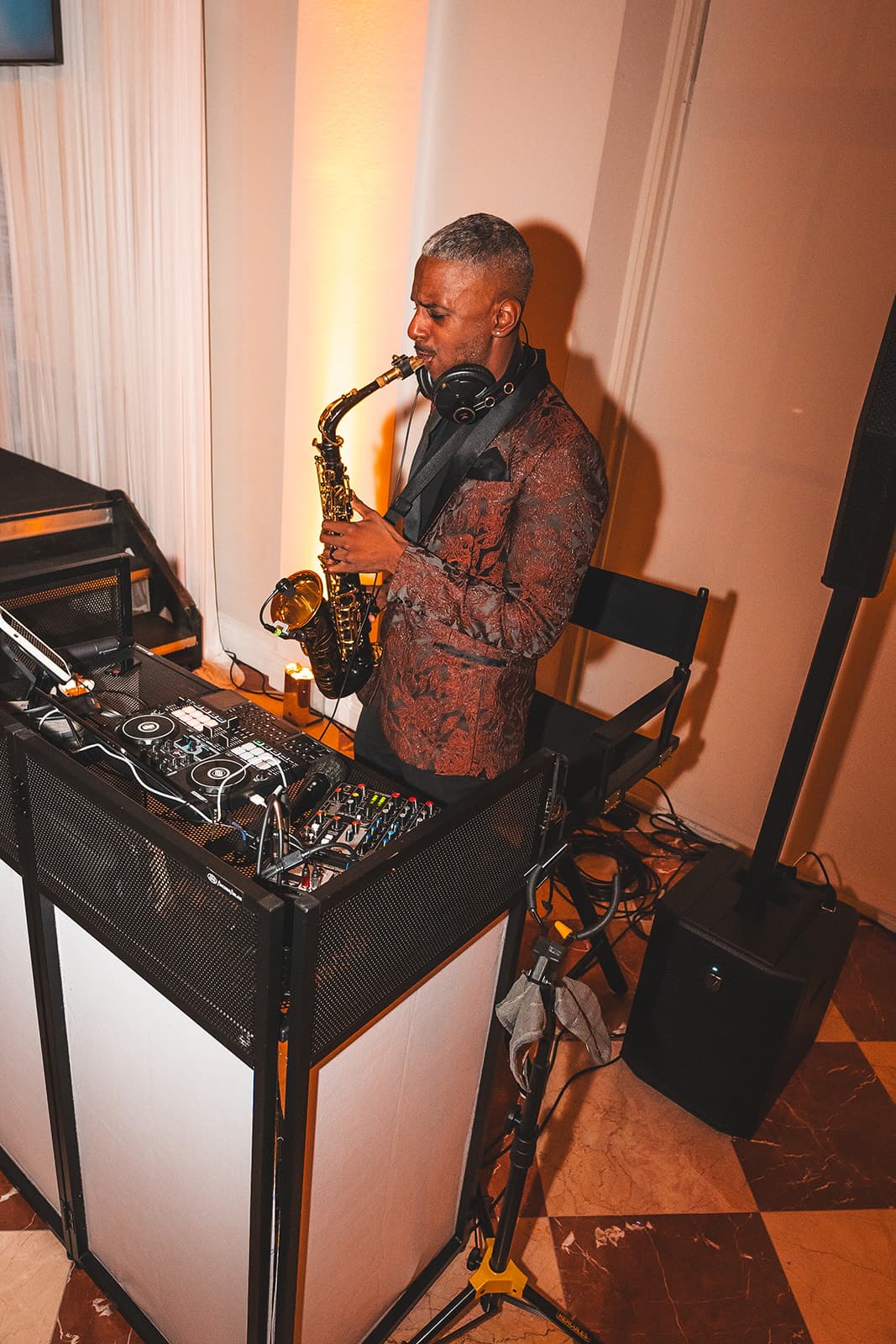 Live saxophone performance at Bitcoin Bay Sound Money Soiree